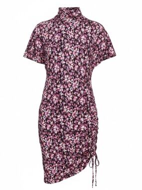 Isabel Marant Etoile Floral Ruched Mock Neck Dress in Pink and Black